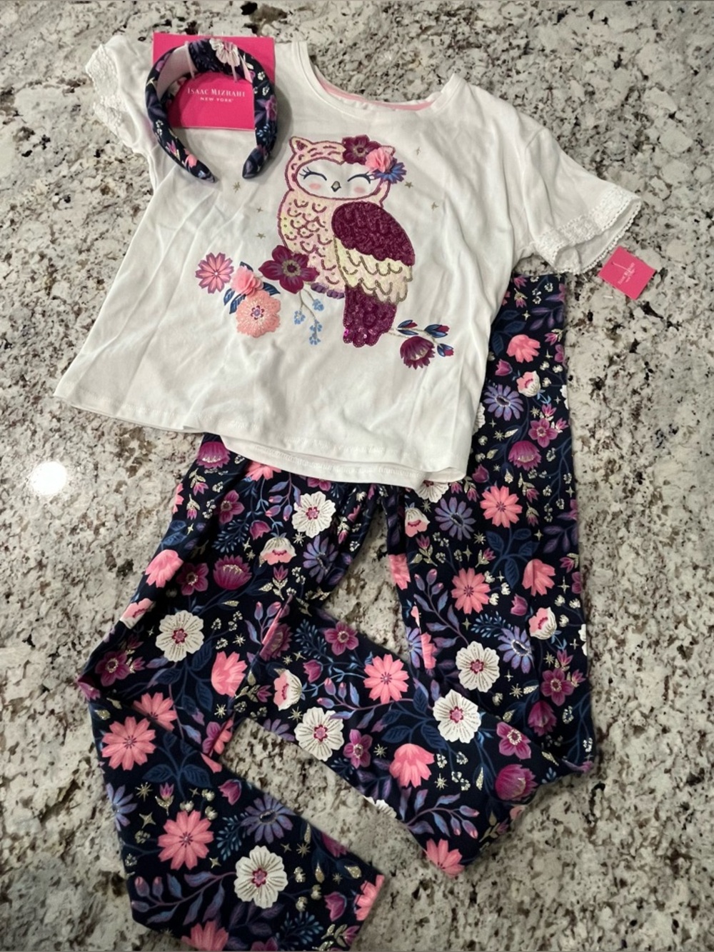Isaac Mizrahi Kids White Top with Navy & Pink Floral Pajama Set + Headband
